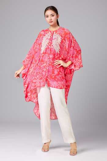 Namrata Joshipura_Red Printed Floral Round Shirt Tunic_Online_at_Aza_Fashions