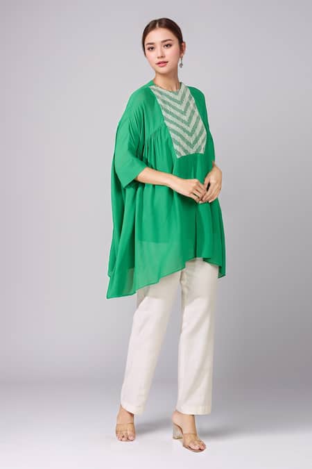 Namrata Joshipura Green Pearls Round Neck Metallic Embroidered Shirt Online at Aza Fashions Namrata Joshipura_Green Pearls Round Neck Metallic Embroidered Shirt _Online_at_Aza_Fashions