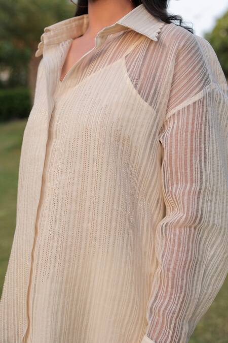 Shop Meher By Islie Beige Chanderi Beads Sheer Delight Woven High-low Shirt With Pant Online at Aza Fashions Shop_Meher By Islie_Beige Chanderi Beads Sheer Delight Woven High-low Shirt With Pant _Online_at_Aza_Fashions