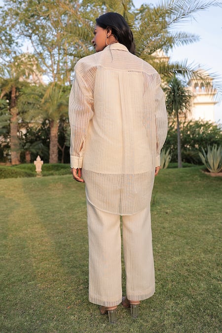 Shop Meher By Islie Beige Chanderi Beads Sheer Delight Woven High-low Shirt With Pant at Aza Fashions Shop_Meher By Islie_Beige Chanderi Beads Sheer Delight Woven High-low Shirt With Pant _at_Aza_Fashions