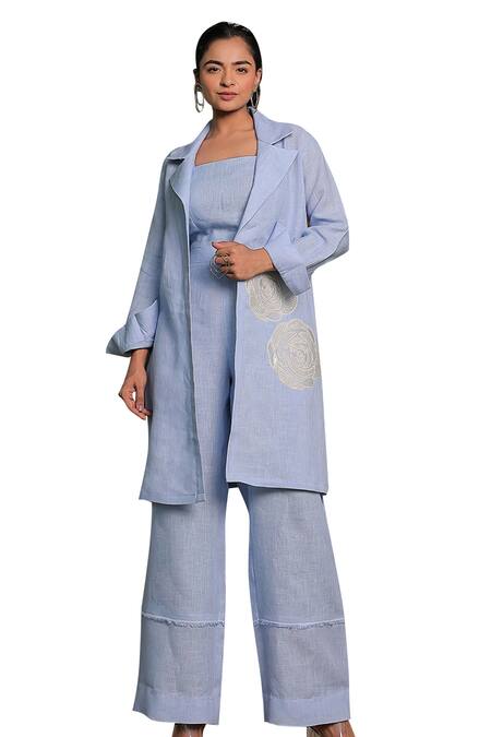 Meher By Islie Blue Cotton Embroidery Open Neck Rose Applique Embellished Long Jacket Pant Set Online at Aza Fashions Meher By Islie_Blue Cotton Embroidery Open Neck Rose Applique Embellished Long Jacket Pant Set _Online_at_Aza_Fashions