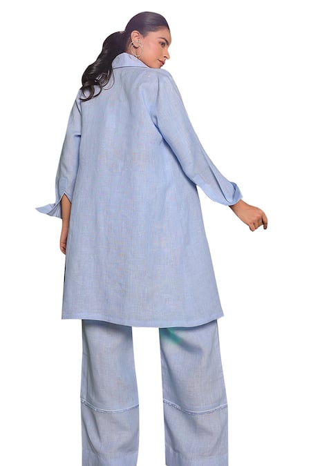 Shop Meher By Islie Blue Cotton Embroidery Open Neck Rose Applique Embellished Long Jacket Pant Set Online at Aza Fashions Shop_Meher By Islie_Blue Cotton Embroidery Open Neck Rose Applique Embellished Long Jacket Pant Set _Online_at_Aza_Fashions