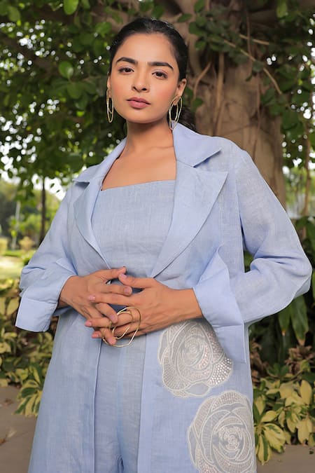 Meher By Islie Blue Cotton Embroidery Open Neck Rose Applique Embellished Long Jacket Pant Set at Aza Fashions Meher By Islie_Blue Cotton Embroidery Open Neck Rose Applique Embellished Long Jacket Pant Set _at_Aza_Fashions