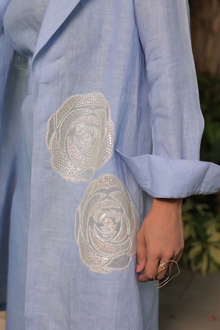Buy Meher By Islie Blue Cotton Embroidery Open Neck Rose Applique Embellished Long Jacket Pant Set Buy_Meher By Islie_Blue Cotton Embroidery Open Neck Rose Applique Embellished Long Jacket Pant Set