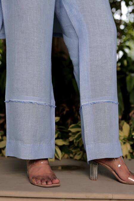 Shop Meher By Islie Blue Cotton Embroidery Open Neck Rose Applique Embellished Long Jacket Pant Set Shop_Meher By Islie_Blue Cotton Embroidery Open Neck Rose Applique Embellished Long Jacket Pant Set