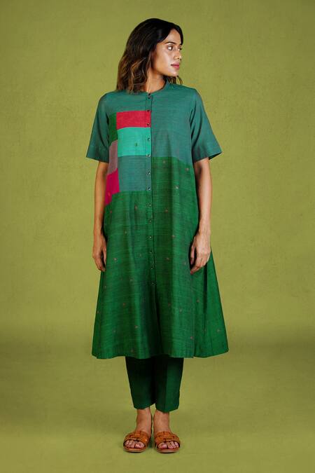 Mantra_Multi Color Handloom Cotton Patchwork Collared Square Tile A-line Kurta _at_Aza_Fashions