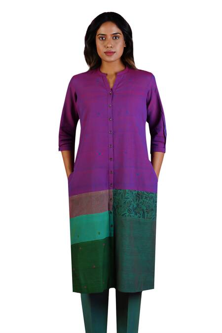 Shop_Mantra_Green Handloom Cotton Patchwork Mandarin Collar Detail Colorblocked Kurta _Online_at_Aza_Fashions