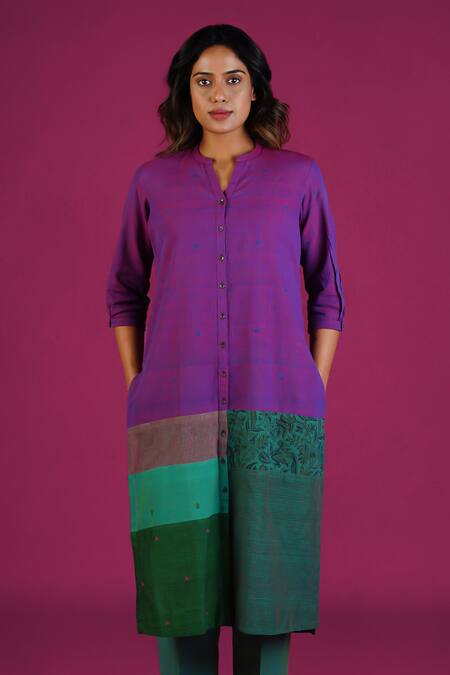 Buy_Mantra_Green Handloom Cotton Patchwork Mandarin Collar Detail Colorblocked Kurta 