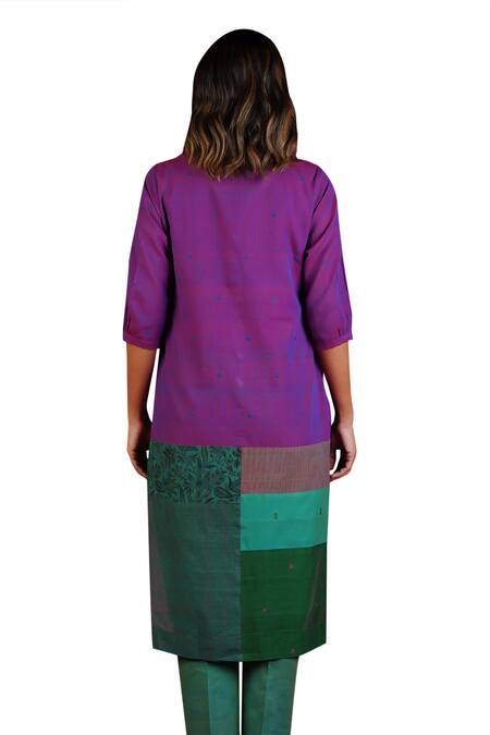 Shop_Mantra_Green Handloom Cotton Patchwork Mandarin Collar Detail Colorblocked Kurta 