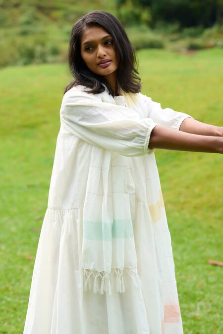 Mantra_Ivory Handloom , Tassels, Fringe Kerala Tiered Dress With Stole _Online_at_Aza_Fashions