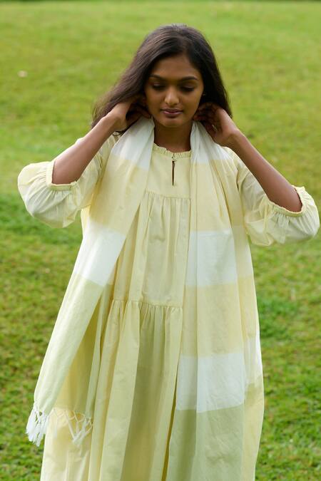 Mantra_Yellow Cotton, Handloom Cotton, Kerala Balloon Sleeve Dress With Stole _Online_at_Aza_Fashions