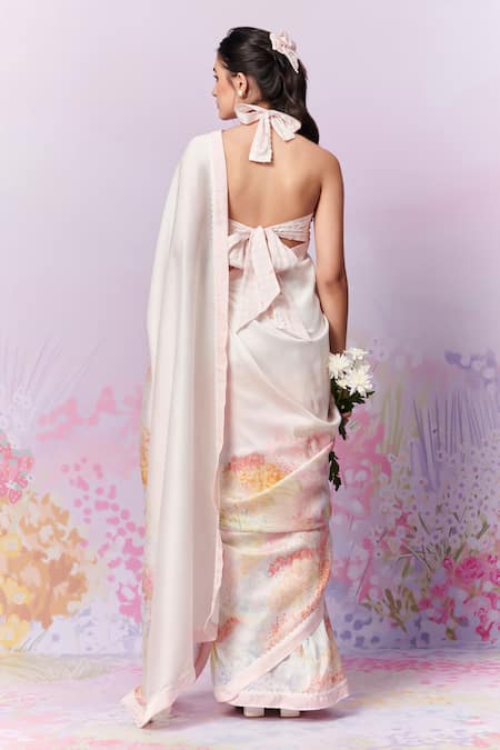 Shop_Moh India_Ivory Silk, Halter Neck Meadow Saree With Blouse _at_Aza_Fashions