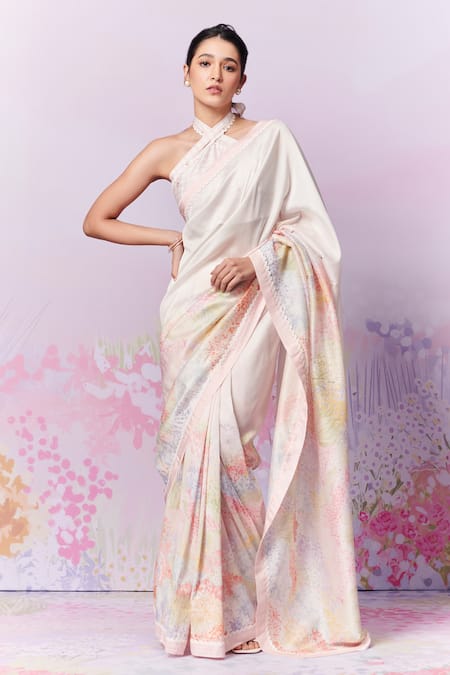 Moh India_Ivory Silk, Halter Neck Meadow Saree With Blouse _Online_at_Aza_Fashions