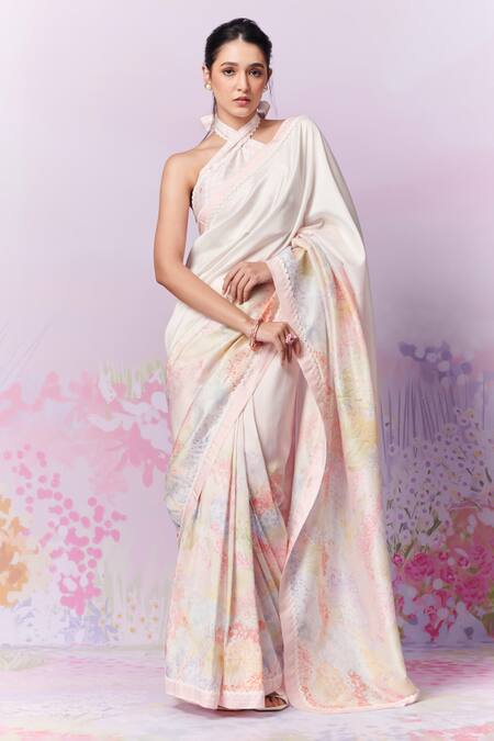 Buy_Moh India_Ivory Silk, Halter Neck Meadow Saree With Blouse _Online_at_Aza_Fashions
