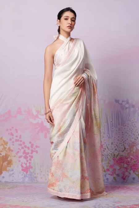Shop_Moh India_Ivory Silk, Halter Neck Meadow Saree With Blouse _Online_at_Aza_Fashions