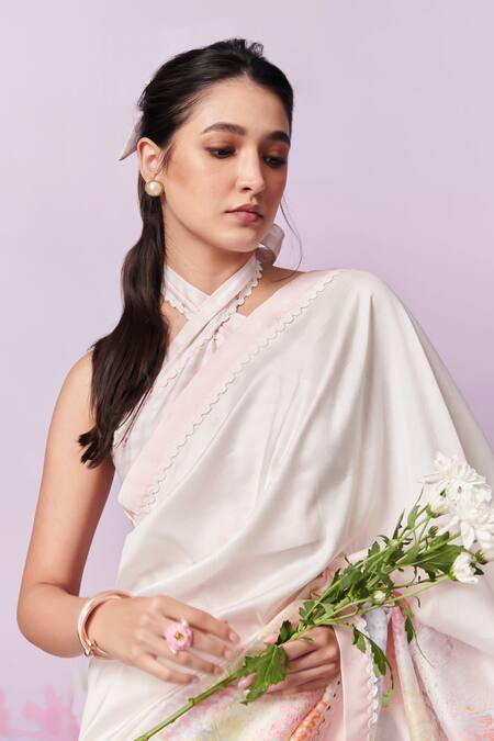 Moh India_Ivory Silk, Halter Neck Meadow Saree With Blouse _at_Aza_Fashions
