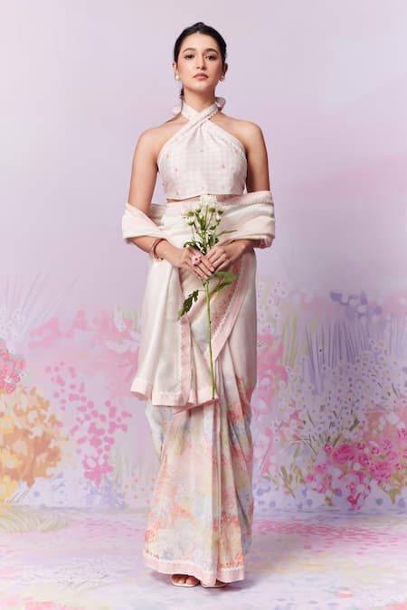 Buy_Moh India_Ivory Silk, Halter Neck Meadow Saree With Blouse 