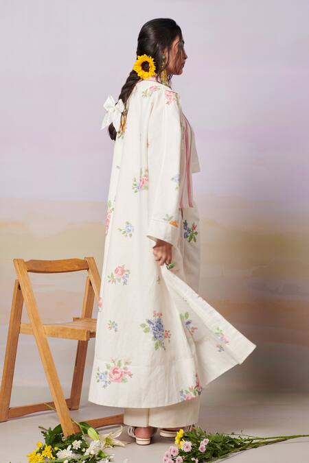 Shop_Moh India_Ivory Moh Sense Linen Overlay Open Cross Stitch Rose Pant Set _at_Aza_Fashions