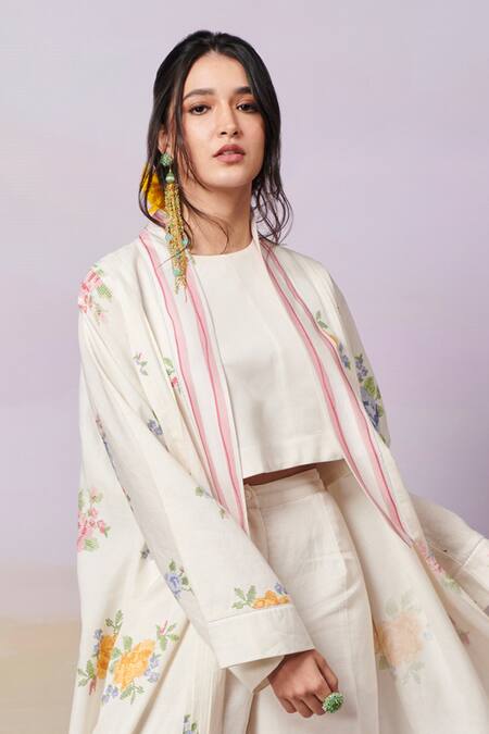 Buy_Moh India_Ivory Moh Sense Linen Overlay Open Cross Stitch Rose Pant Set _Online_at_Aza_Fashions