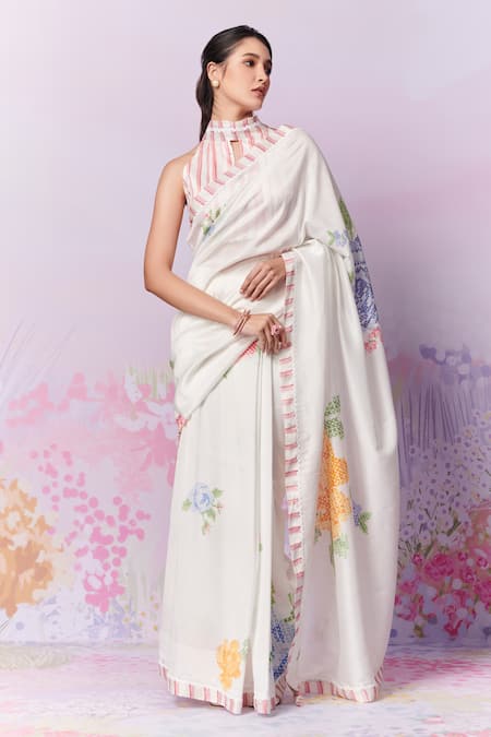 Moh India Ivory Pure Chanderi Silk Printed Cross Stitch Rose Summer Saree With Blouse 