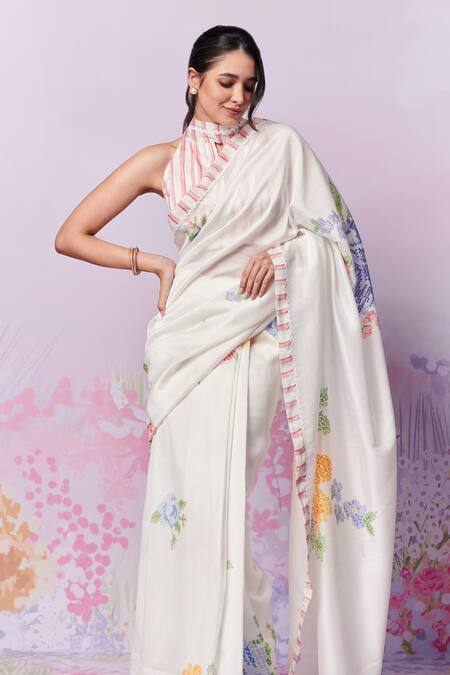 Moh India Ivory Chanderi Silk Embroidery Summer Roses Cross Stitch Print Saree With Blouse Online at Aza Fashions Moh India_Ivory Chanderi Silk Embroidery Summer Roses Cross Stitch Print Saree With Blouse _Online_at_Aza_Fashions
