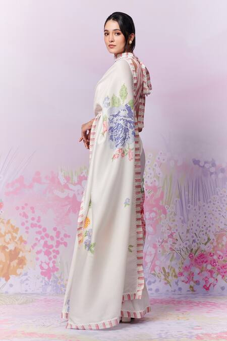 Buy Moh India Ivory Chanderi Silk Embroidery Summer Roses Cross Stitch Print Saree With Blouse Online at Aza Fashions Buy_Moh India_Ivory Chanderi Silk Embroidery Summer Roses Cross Stitch Print Saree With Blouse _Online_at_Aza_Fashions
