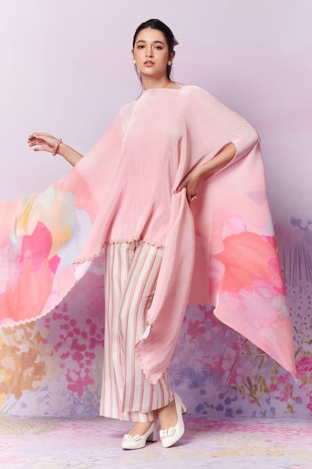 Moh India Pink Poly Satin Print Strawberry Field Closed Meadow Asymmetric Cape 