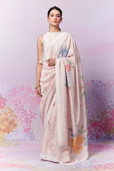 Moh India Blush Blossom Gingham Print Saree With Blouse 