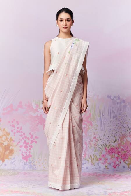 Moh India Pink , Silk Lace, Blush Blossom Gingham Print Saree With Blouse Online at Aza Fashions Moh India_Pink , Silk Lace, Blush Blossom Gingham Print Saree With Blouse _Online_at_Aza_Fashions