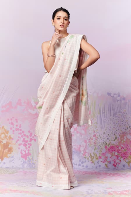 Shop Moh India Pink , Silk Lace, Blush Blossom Gingham Print Saree With Blouse Online at Aza Fashions Shop_Moh India_Pink , Silk Lace, Blush Blossom Gingham Print Saree With Blouse _Online_at_Aza_Fashions