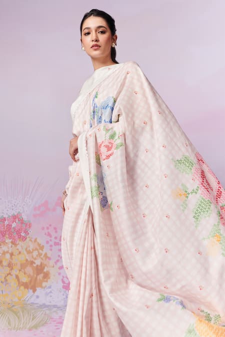 Moh India Pink , Silk Lace, Blush Blossom Gingham Print Saree With Blouse at Aza Fashions Moh India_Pink , Silk Lace, Blush Blossom Gingham Print Saree With Blouse _at_Aza_Fashions