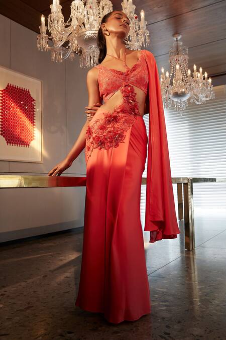 Babita Malkani_Coral Georgette, Tulle Embroidery, Crystals Pre-draped Saree With Blouse _Online_at_Aza_Fashions