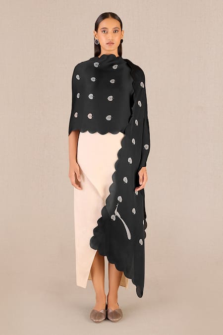 Shop Ampm Black Embroidery Anvi Betel Leaf Print Scarf at Aza Fashions Shop_Ampm_Black Embroidery Anvi Betel Leaf Print Scarf _at_Aza_Fashions