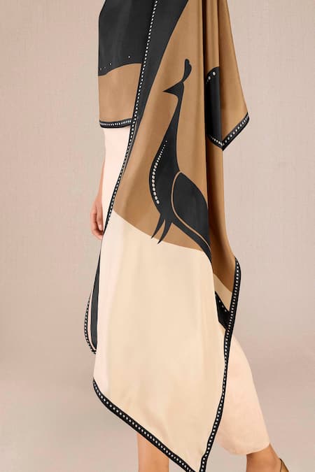 Ampm Black Embroidery Ceyda Betel Leaf Print Color Block Scarf Online at Aza Fashions Ampm_Black Embroidery Ceyda Betel Leaf Print Color Block Scarf _Online_at_Aza_Fashions