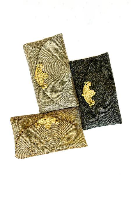 Shop Kokommo Black Cutdana Demilune Embroidered Clutch at Aza Fashions Shop_Kokommo_Black Cutdana Demilune Embroidered Clutch _at_Aza_Fashions