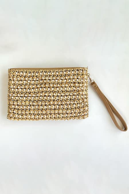 Kokommo Paros Raffia & Pearl Embellished Clutch Pouch 