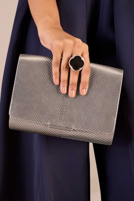 Ampm Silver Embroidery Zehra Metallic Linear Pattern Clutch Online at Aza Fashions Ampm_Silver Embroidery Zehra Metallic Linear Pattern Clutch _Online_at_Aza_Fashions