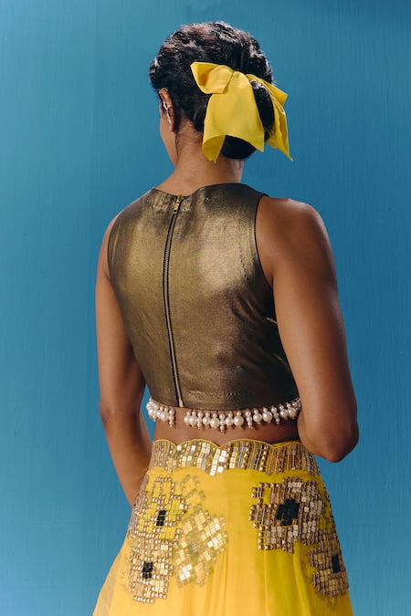 Shop Pooja Rajgarhia Gupta Yellow Organza, Crepe, Lace Pearls, Sunset Pixel Floral Embroidered Lehenga Set at Aza Fashions Shop_Pooja Rajgarhia Gupta_Yellow Organza, Crepe, Lace Pearls, Sunset Pixel Floral Embroidered Lehenga Set _at_Aza_Fashions