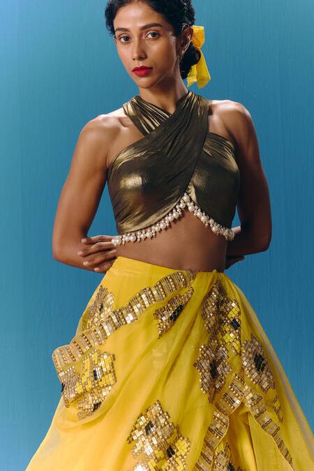 Pooja Rajgarhia Gupta Yellow Organza, Crepe, Lace Pearls, Sunset Pixel Floral Embroidered Lehenga Set Online at Aza Fashions Pooja Rajgarhia Gupta_Yellow Organza, Crepe, Lace Pearls, Sunset Pixel Floral Embroidered Lehenga Set _Online_at_Aza_Fashions
