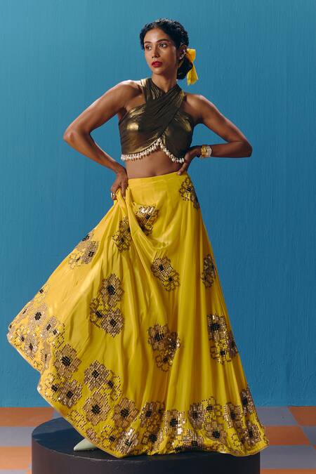 Buy Pooja Rajgarhia Gupta Yellow Organza, Crepe, Lace Pearls, Sunset Pixel Floral Embroidered Lehenga Set Online at Aza Fashions Buy_Pooja Rajgarhia Gupta_Yellow Organza, Crepe, Lace Pearls, Sunset Pixel Floral Embroidered Lehenga Set _Online_at_Aza_Fashions