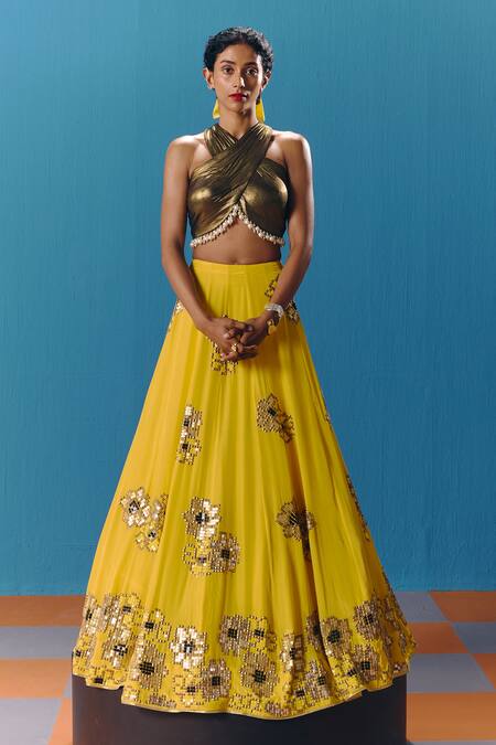 Shop Pooja Rajgarhia Gupta Yellow Organza, Crepe, Lace Pearls, Sunset Pixel Floral Embroidered Lehenga Set Online at Aza Fashions Shop_Pooja Rajgarhia Gupta_Yellow Organza, Crepe, Lace Pearls, Sunset Pixel Floral Embroidered Lehenga Set _Online_at_Aza_Fashions