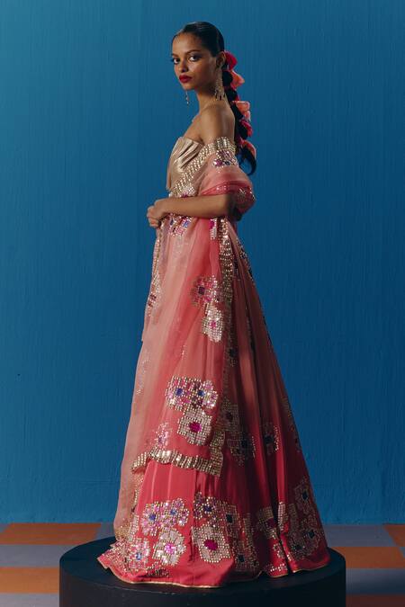 Pooja Rajgarhia Gupta Peach Crepe, Organza, Lace Pearls, Twilight Pixel Floral Embroidered Lehenga Set Online at Aza Fashions Pooja Rajgarhia Gupta_Peach Crepe, Organza, Lace Pearls, Twilight Pixel Floral Embroidered Lehenga Set _Online_at_Aza_Fashions