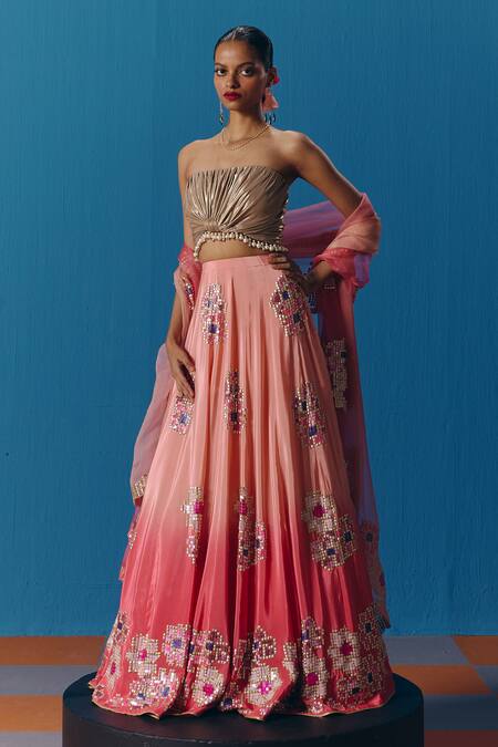 Shop Pooja Rajgarhia Gupta Peach Crepe, Organza, Lace Pearls, Twilight Pixel Floral Embroidered Lehenga Set Online at Aza Fashions Shop_Pooja Rajgarhia Gupta_Peach Crepe, Organza, Lace Pearls, Twilight Pixel Floral Embroidered Lehenga Set _Online_at_Aza_Fashions