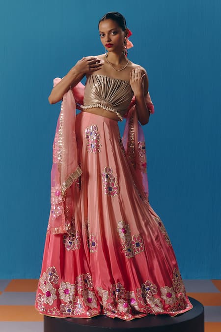 Pooja Rajgarhia Gupta Peach Crepe, Organza, Lace Pearls, Twilight Pixel Floral Embroidered Lehenga Set at Aza Fashions Pooja Rajgarhia Gupta_Peach Crepe, Organza, Lace Pearls, Twilight Pixel Floral Embroidered Lehenga Set _at_Aza_Fashions