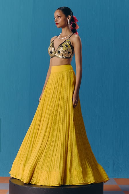 Shop Pooja Rajgarhia Gupta Yellow Georgette, Lace Sequins Plunge Neck Sunlit Micro Pleated Lehenga Set Online at Aza Fashions Shop_Pooja Rajgarhia Gupta_Yellow Georgette, Lace Sequins Plunge Neck Sunlit Micro Pleated Lehenga Set _Online_at_Aza_Fashions