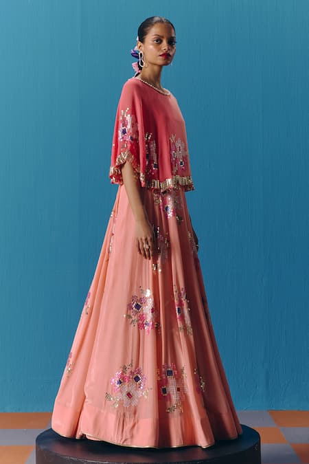 Pooja Rajgarhia Gupta_Peach Crepe, Georgette Pearls, Twinkle Floral Embroidered Lehenga With Cape Top _Online_at_Aza_Fashions