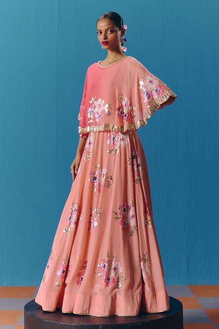 Buy_Pooja Rajgarhia Gupta_Peach Crepe, Georgette Pearls, Twinkle Floral Embroidered Lehenga With Cape Top _Online_at_Aza_Fashions