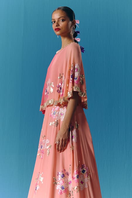 Shop_Pooja Rajgarhia Gupta_Peach Crepe, Georgette Pearls, Twinkle Floral Embroidered Lehenga With Cape Top _Online_at_Aza_Fashions
