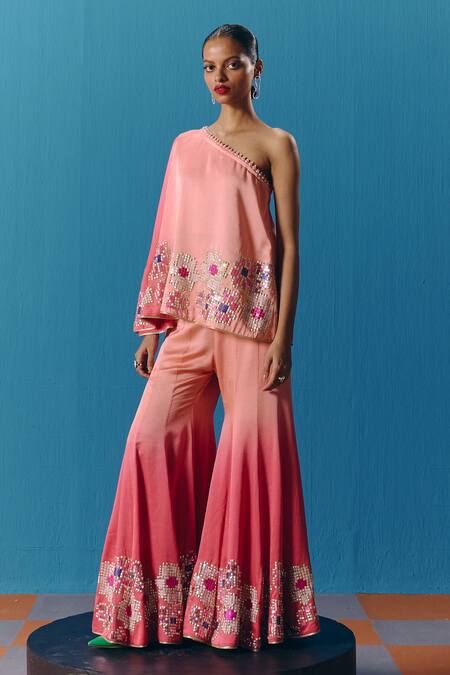 Pooja Rajgarhia Gupta Peach Silk Satin Sequins One Twilight Asymmetric Top With Bell Bottom Pant Online at Aza Fashions Pooja Rajgarhia Gupta_Peach Silk Satin Sequins One Twilight Asymmetric Top With Bell Bottom Pant _Online_at_Aza_Fashions