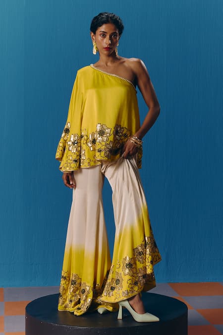 Pooja Rajgarhia Gupta Sunlit Asymmetric Top With Bell Bottom Pant 